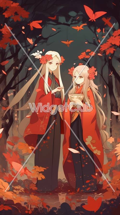 秋の着物姉妹の壁紙