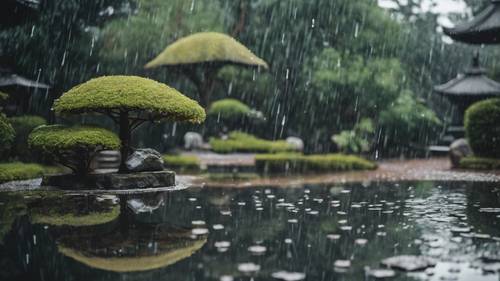 Un giardino giapponese sotto la pioggia, con goccioline che cadono sullo stagno.