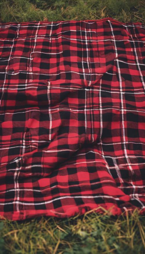 Красно-черное винтажное клетчатое одеяло расстелено на земле для живописного пикника.