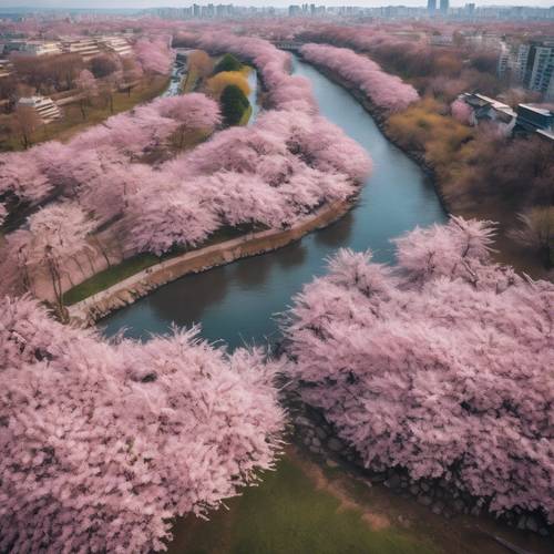 从空中俯瞰，日本一条河流的河岸上，盛开着形似心形的粉色樱花树。