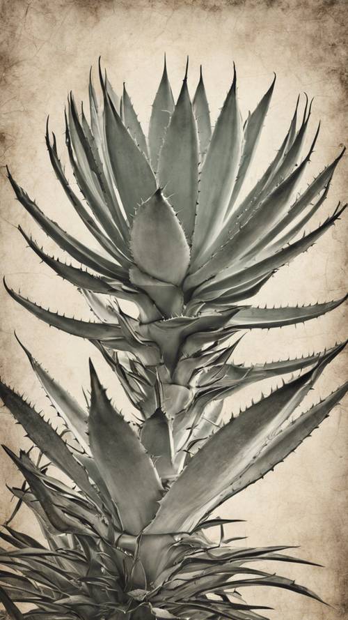 一幅古老而精致的龙舌兰植物蚀刻画。