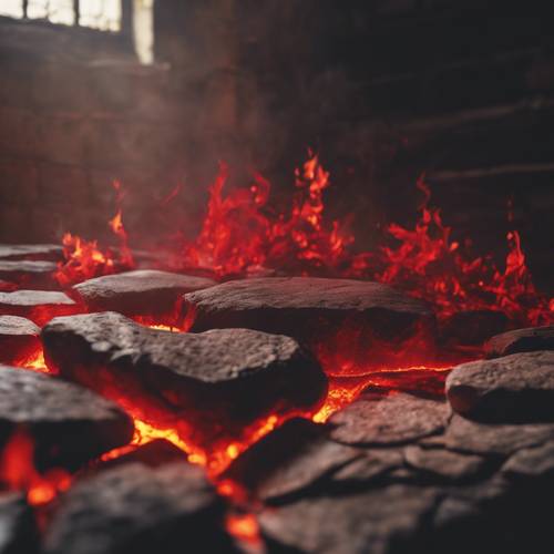 ゴシック調の石の暖炉に激しい影を落とす揺らめく赤い炎