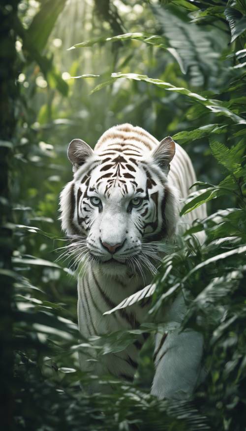 A rare white tiger emerging from the dense foliage in the green jungle.