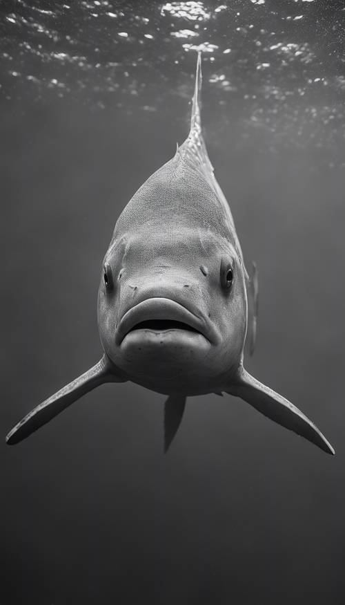 Một con cá thái dương đang nhàn nhã bơi lội dưới bầu trời đen kịt, trong khung cảnh thang độ xám đơn sắc.