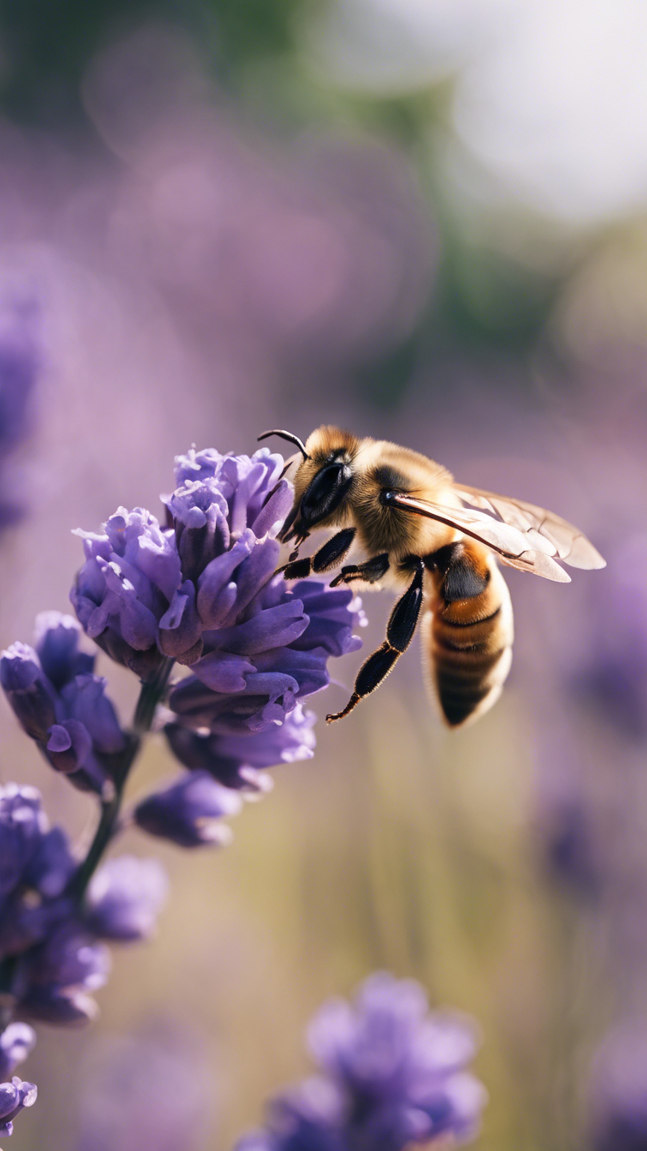 A bee busily pollenating the purple blossoms of lavender flowers.壁紙[9c61e9f9e6f24bcdbc84]