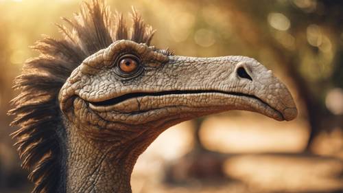 Gwiżdżący terizinozaur trzepoczący piórami w ciepłym, złotym popołudniowym słońcu.