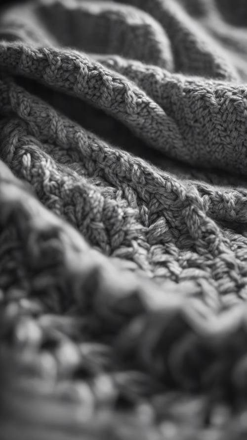 Skala abu-abu close-up dari sweter wol abu-abu menunjukkan pola rajutan.