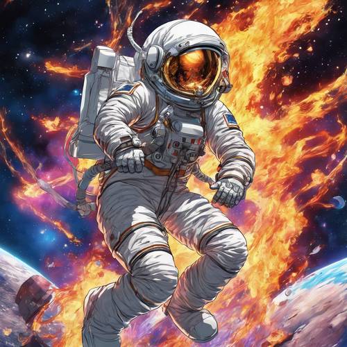 Um astronauta de anime em um traje espacial, criando fogo em gravidade zero.