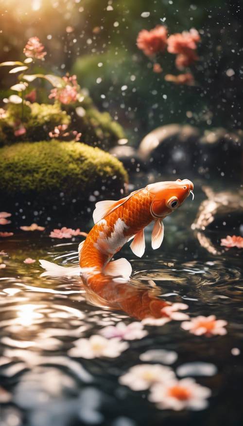 Ein Bach voller Leben mit einem tanzenden Koi-Fisch in einem japanischen Garten im Morgengrauen.
