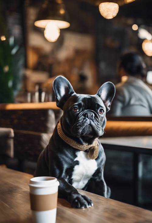 Seekor Bulldog Perancis hitam yang bijaksana duduk santai di kedai kopi