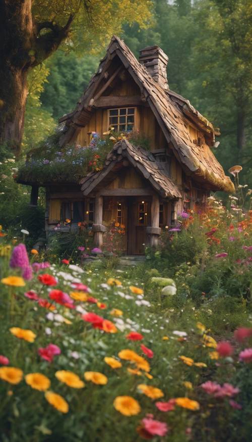 A traditional wooden cottage snuggled deep in an enchanted forest, surrounded by patchwork fields of bright wildflowers and a cluster of vibrantly colored, fairy-like mushrooms.