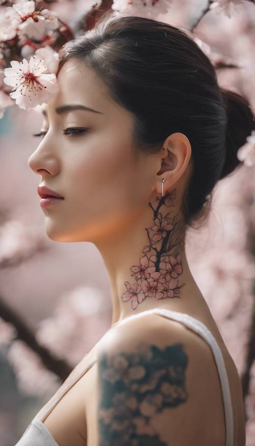 華やかな女性らしい桜のタトゥーを鎖骨に沿って配置した壁紙 壁紙 [e9a0efbf7b1640aeb43a]
