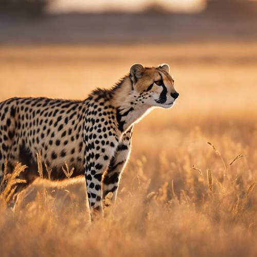 Yalnız bir kral çita, turuncu Afrika gün batımının altında uzun, altın renkli savan otlarının arasında sinsice dolaşıyor.