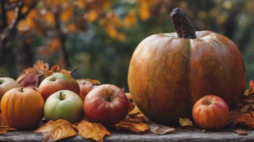 Dipinto di natura morta di settembre con mele, zucche e foglie autunnali