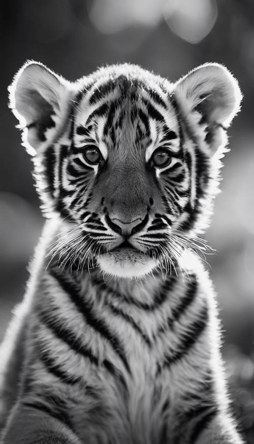 Un ritratto senza tempo in bianco e nero di un cucciolo di tigre, che guarda il cielo con curiosità.