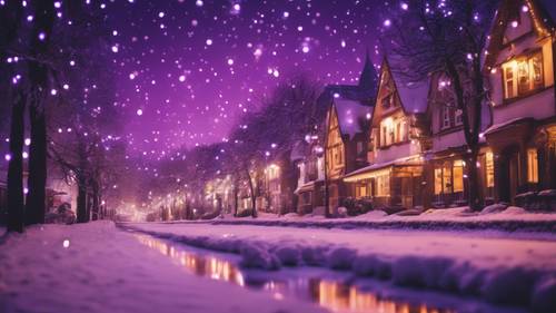 A dreamy landscape of a snowy town lit up by festive purple Christmas lights.