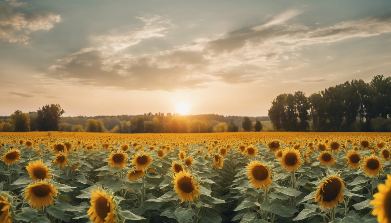 A serene, golden sunflower field with a small cluster of trees with green leaves in the distance. Taustakuva[5435ac4cb52a4123bd00]
