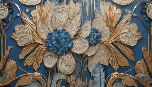 Un intrincado mural inspirado en el art déco que muestra patrones florales abstractos en azules y dorados.