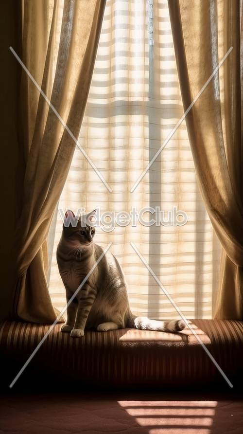 可愛的貓坐在窗邊的燈光下
