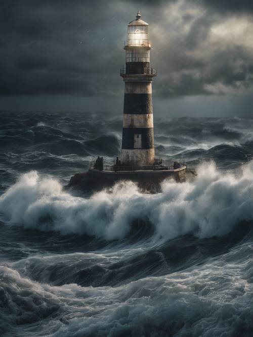 Un faro sullo sfondo di un mare in tempesta, con una frase d&#39;amore &quot;Il tuo amore è la mia luce guida&quot; proiettata sulle onde scure e fragorose.