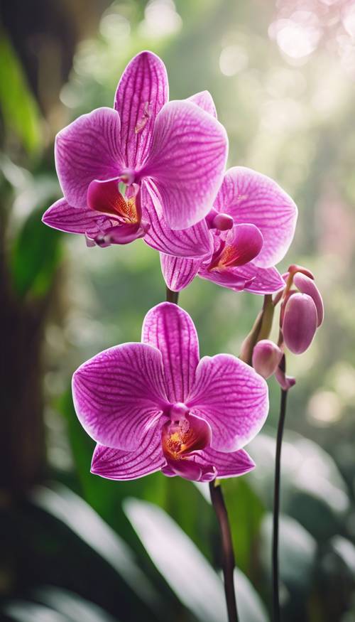 A vibrant pink orchid with thin petals, thriving in a tropical rainforest.