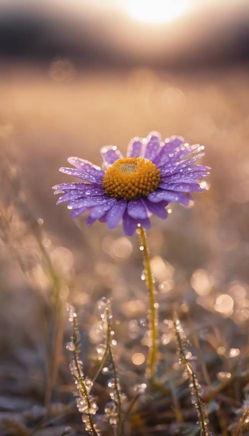 黎明时分，草地上一朵孤独的紫色雏菊，沾满露水