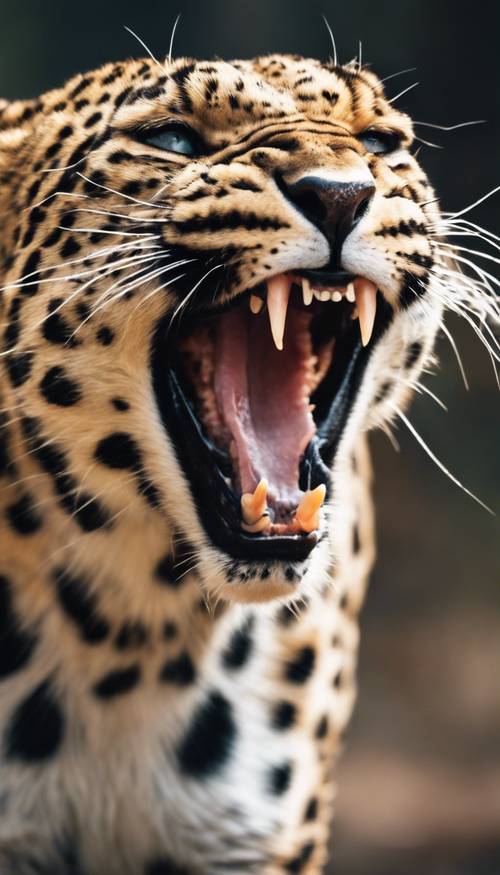 An aggressive leopard growling and showing its sharp canines.