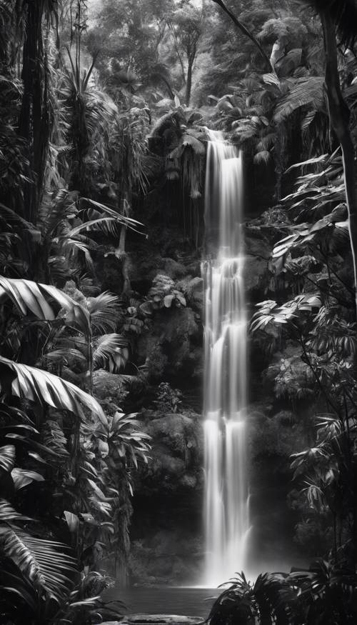 Uma fascinante cena em preto e branco de uma floresta tropical com uma cachoeira ao longe, cercada por plantas exóticas.