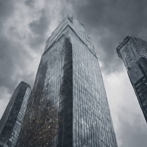 Sebuah gedung perkantoran kaca yang menjulang tinggi di atas area pusat kota, memantulkan langit mendung kelabu.