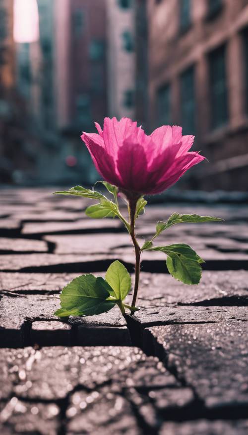 Uma flor rosa escura crescendo nas fendas de um ambiente urbano pavimentado.