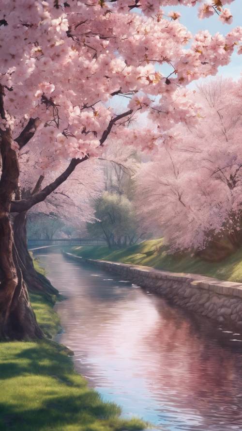 Flowing river beside cherry blossom trees, painted with hues of spring.