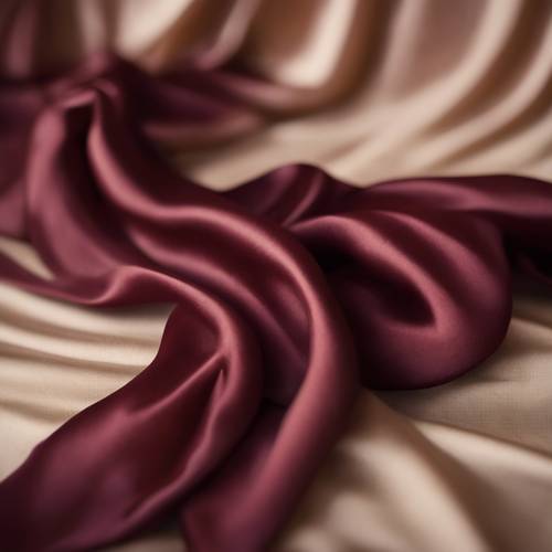 Un gros plan d&#39;un tissu en soie bordeaux, coulant dans la brise sur un fond beige, mettant en valeur sa couleur profonde et riche et sa texture luxueuse.