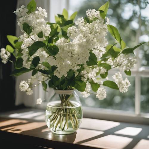 Casually arranged green leaves and white blossoms in a clear vase on a sunlit table.