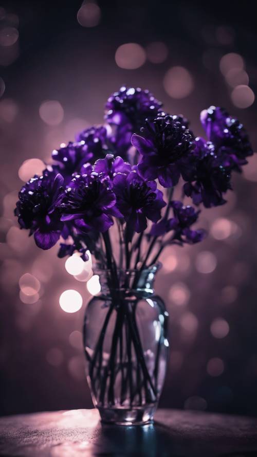 Un surrealista ramo de violetas negras que llena el entorno de una agradable fragancia en la noche iluminada por la luna.