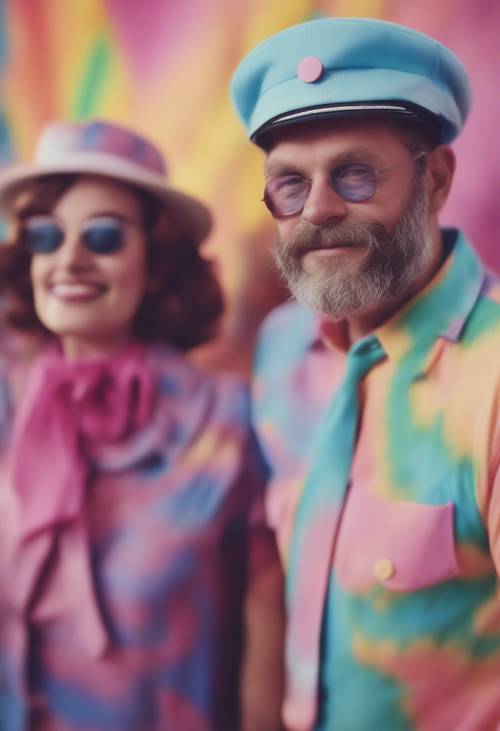 A 1960s theme party with guests in their colorful tie-dye outfits. Tapet [ae75637508b046d587d8]