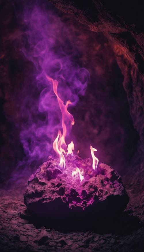 연기 자욱한 어두운 동굴에서 보라색 불이 빛나고 있습니다.