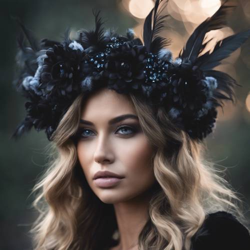 Mahkota bunga hitam subur yang dihiasi batu permata berwarna tengah malam dan bulu lembut.
