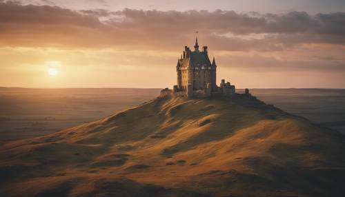 Un ancien et mystérieux château de briques jaunes dominant une lande désolée au coucher du soleil.