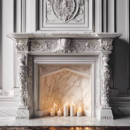Uma clássica lareira em mármore branco decorada com detalhes ornamentais góticos.