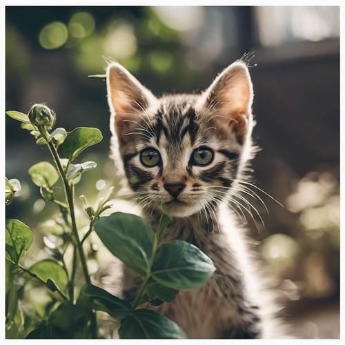 一只好奇的小猫正在嗅一朵深绿色的花。