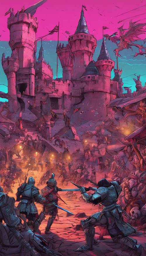 Şövalyelerin, ejderhaların ve kalelerin yer aldığı popüler bir ortaçağ temalı video oyunundan bir savaş sahnesi.