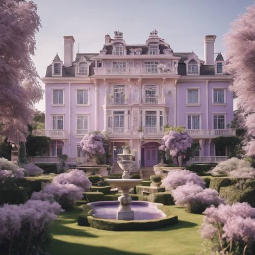 Elegancka pastelowo fioletowa rezydencja otoczona pięknie utrzymanymi ogrodami.
