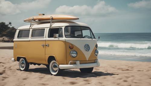 A vintage surf van parked at the beach, surfboards propped against it, with the ocean waves crashing in the background.