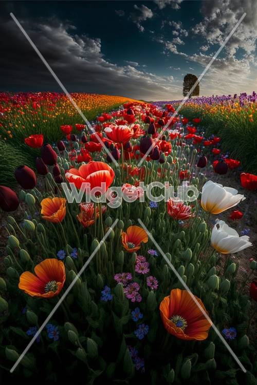 Colorful Field of Flowers Under a Stormy Sky