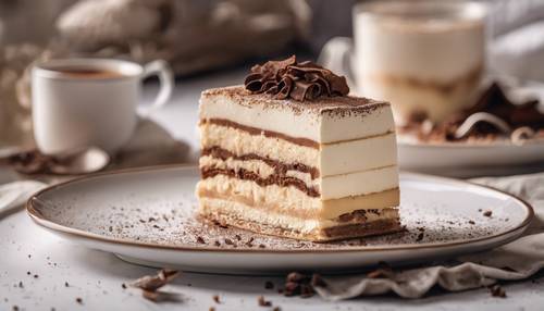 A slice of creamy tiramisu on a white plate, dusted with a sprinkle of cocoa. Tapeta [a67aadb029d347a6bd69]