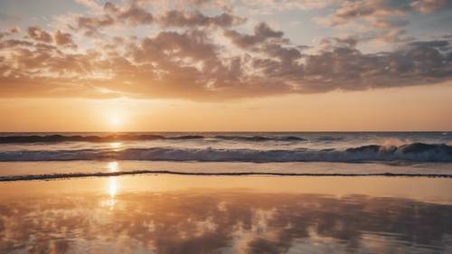 Ein atemberaubender Sonnenaufgang über ruhigen Meereswellen, das Sprichwort „Friede ist immer schön“ spiegelt sich im Wasser.