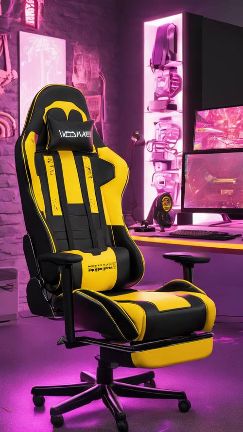Şık ve temiz bir oyun odasına yerleştirilmiş, sarı desenli modern siyah oyun koltuğu.
