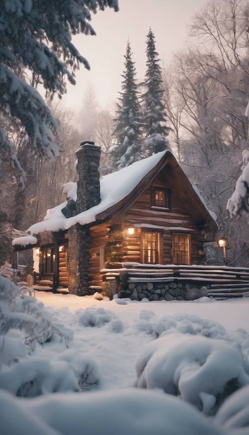 A quaint log cabin nestled amongst snow-covered trees, lights twinkling warmly through the windows and smoke whispering out of the chimney.