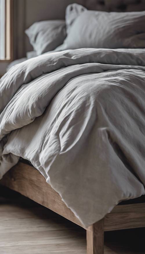 מיטה עשויה היטב המעוטרת בכיסוי פוך פשתן אפור רך, היוצרות אווירה של נעימות ונוחות.