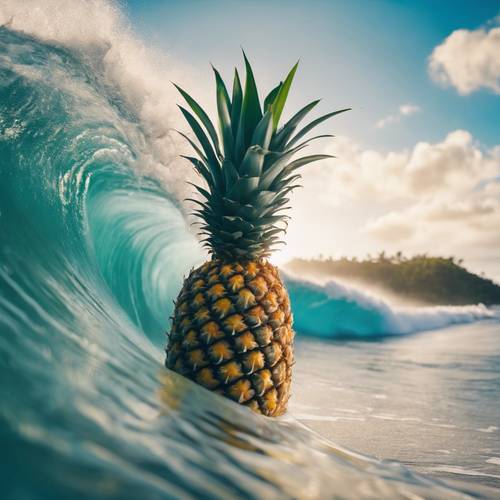 A pineapple surfing on big waves in a tropical island setting.